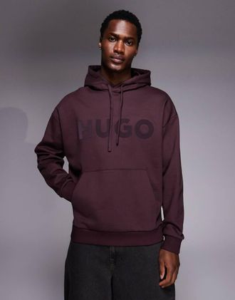 HUGO BOSS HUGO Red - Ditchle - Felpa bordeaux oversize con cappuccio e logo grande sul petto-Rosso