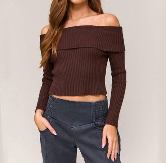 Le Lis Blanc Deux Off Shoulder Tie Back Ribbed Sweater In Brown