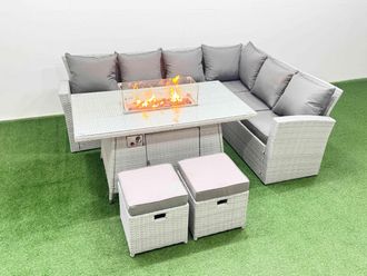 Fimous 8 Seat Rattan Garden Furniture Corner Sofa Set Gas Firepit Table Sets in Light Grey
