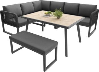Urban Meuble Conjunto jard&iacute;n modular 6-8 personas, gris, rat&aacute;n, con mesa y banco