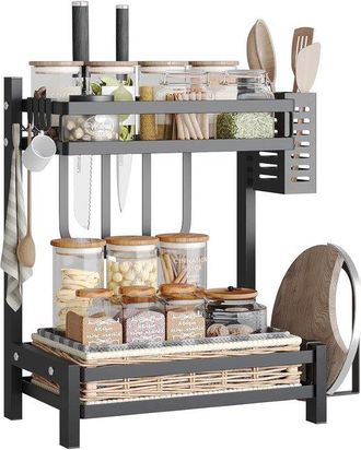 OEM Estante Especias 2 Niveles Acero Inoxidable Cesta Palillos Cubiertos, Estante Multifuncional Tabla Cortar Ganchos 34x21x41cm Negro Mate