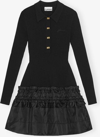 Ganni Black Mini Dress in Rib Knit Ruffle