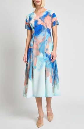 Misook Modern Fit Watercolor Pattern Midi Dress in Aegean Blue/Aquatic Multi at Nordstrom Rack, Size Small