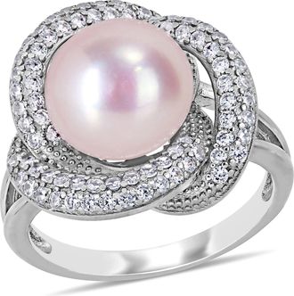 Mimi & Max 10.5-11mm Pink Cultured Freshwater Pearl and 3/4ct TGW Cubic Zirconia Interlaced Ring in Sterling Silver