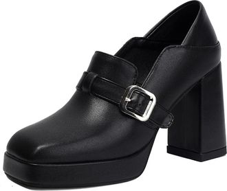 Generic Womens High Heeled Dress Shoes Comfort Slip on Formal Shoes with Buckle Square Toe PU Leather Platform Loafers,Black,6.5 UK