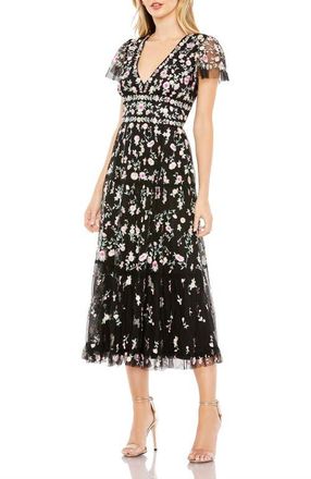 Mac Duggal Embroidered V Neck Cap Sleeve Midi Dress in Black Multi at Nordstrom, Size 12
