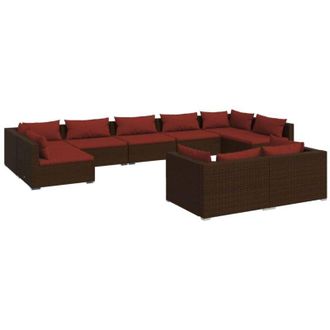 vidaXL Set Muebles De Jard&iacute;n 9 Piezas Y Cojines Rat&aacute;n Sint&eacute;tico Marr&oacute;n Vidaxl