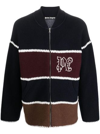 Palm Angels Mens Monogram Striped Knit Jacket Navy Blue - Black Wool Blend - Size Medium