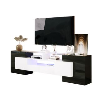 STILVORA Mueble Tv Con 4 Puertas, 2 Cajones, 3 Compartimentos Y Led, Frente Brillante, 200&times;35&times;60 Cm, En Tablero, Negro Y Blanco
