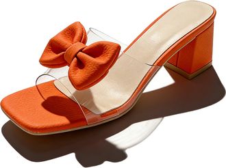 Generic Womens Bow Heels Sandals Clear Low Block Chunky Heel Mules Comfortable Square Toe Wedding Bride Dressy Shoes (Orange,7.5)