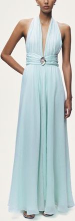 Nocturne Pleated Halterneck Maxi Dress with Brooch Detail in Mint Green at Nordstrom, Size X-Large