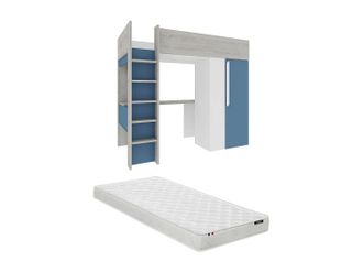 Vente-Unique Letto A Soppalco 90 X 200 Cm Con Armadio E Scrivania Blu E Bianco + Materasso - Nicolas