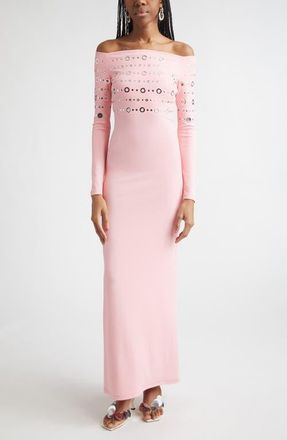 Paco Rabanne Embellished Off the Shoulder Long Sleeve Jersey Dress in Fluo Pink at Nordstrom, Size 2 Us