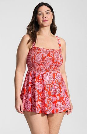 Lands End Womens Plus Size Square Neck Smocked Mini Swim Dress in Radiant Orange Floral Medley at Nordstrom, Size 20W
