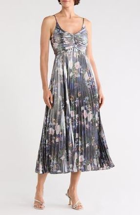Nicole Miller Metallic Floral Empire Waist Pleated Midi Dress in Spring Black Metallic at Nordstrom Rack, Size 10