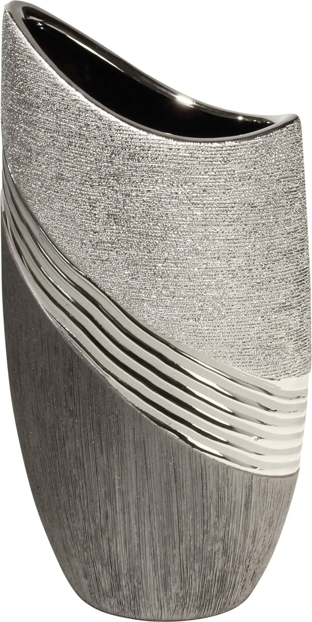 GILDE Deko-Vase Newtown - 65cm Hohe Keramikvase, Matt Grau Mit Silber-Applikation, Für Pampasgras & Trockenblumen