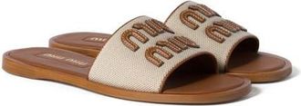 Miu Miu Logo Canvas Slide Sandal in Naturale/Brandy at Nordstrom, Size 9.5Us