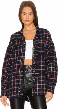 Free People Happy Hour Plaid Shirt In Navy Combo