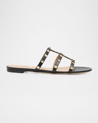 Valentino Garavani Rockstud Caged Leather Flat Slide Sandals
