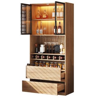 STILVORA Vitrina Con Puertas De Vidrio, Cajones, Compartimentos Abiertos Y Led, En Mdf, Natural, Para Bano