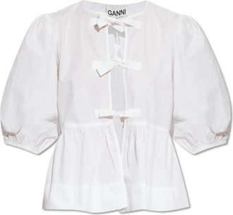 Ganni Cotton Poplin Peplum Blouse met Strik - Dames - Blouses - Wit - M - Katoen - Overhemden