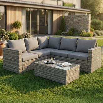 Alivio 5 Seater Rattan Corner Sofa Set, PE Rattan Garden Furniture Set with Coffee Table, Anti-UV Cushions for Indoor Outdoor - Grey
