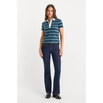 Good American Womens The Easy Polo | Summer Stripe Teal, Size Medium | Good American by Khlo&Egrave; Kardashian