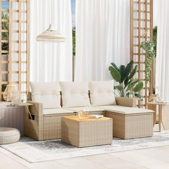 vidaXL Juego De Sof&aacute;s Jard&iacute;n Con Cojines 5 Pzas Rat&aacute;n Sint&eacute;tico Beige Vidaxl