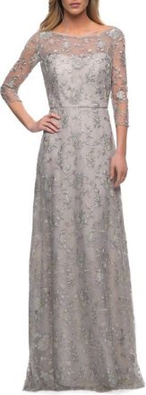 La Femme Lace Dress with Three-Quarter Sleeves and Illusion Neckline in Pearl Silver at Nordstrom, Size 14