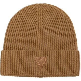 AllSaints Heart Logo Rib Beanie in Tannin Brown at Nordstrom
