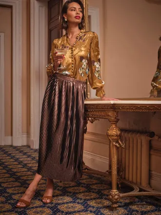 Fat Face FatFace Talia Bronze Metallic Pleated Midi Skirt