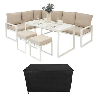MonsterShop Aluminium Corner Sofa Set With Black Rattan Storage Box - White
