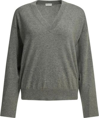 Brunello Cucinelli Truien & Vesten, Dames, Grijs, L, Kasjmier, V-hals Kasjmier Trui