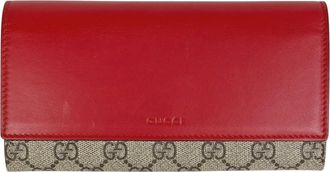 Gucci Beige Red Color Coated Canvas Leather Long Wallet (Bi-Fold) (Pre-Owned)