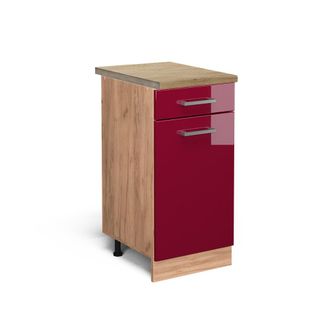 Vicco Mueble Bajo De Cocina R-line, Rojo Burdeos Alto Brillo, 40 Cm, Et Roble