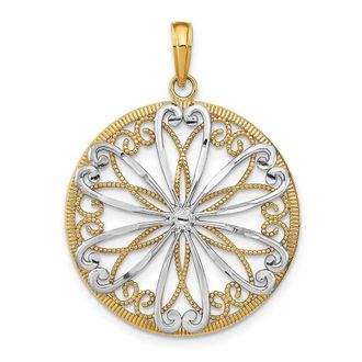 Diamond2Deal 14k Yellow Gold and White Rhodium Filigree Center Round Charm Pendant
