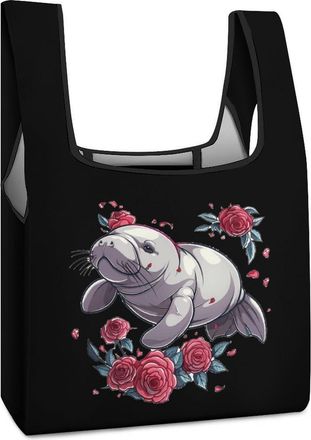 Generic Manatees Rose Flower Shopping Bag Reusable Grocery Tote Bag Foldable Handbag for Travel Picnic