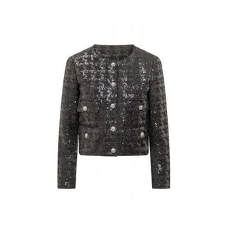 Michael Kors Jassen, Dames, Zwart, S, Tweed, Gecropped Jasje van Tweed met Pailletten