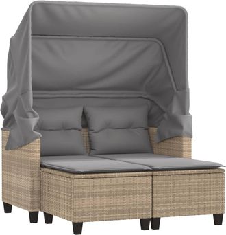 vidaXL Sof&aacute; De Jard&iacute;n 2 Plazas Con Toldo Y Taburetes Rat&aacute;n Pe Beige Vidaxl