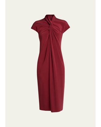Giorgio Armani Draped Twisted-Collar Short-Sleeve Midi Dress