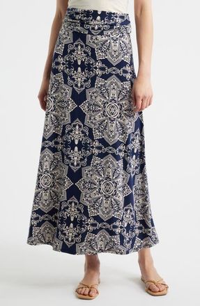 Loveappella Roll Top Print Maxi Skirt in Navy at Nordstrom, Size Large
