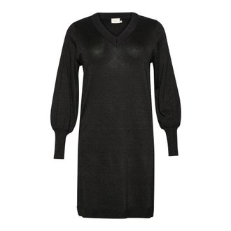 Kaffe Curve Zwarte Metallic Gebreide Jurk met Pofmouwen - Dames - Jurken - Zwart - Maat: S Nylon