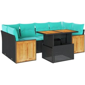 vidaXL 7 Piece Garden Sofa Set with Cushions Black Poly Rattan Acacia vidaXL