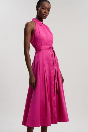 Karen Millen Womens Cotton Collared Halter Neck Woven Midi Shirt Dress With Dropped Waist Detail - Fuchsia - Size 16 UK