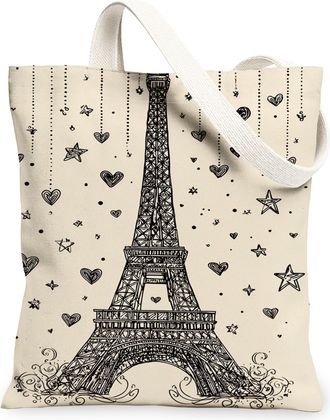 Generic Paris Tower Canvas Tote Bags, Artistic Heart Star Pattern Reusable Grocery Bags, Vintage Lightweight Washable Shoulder Stra, Beige, 13x15 Inch