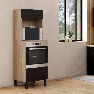 IDMarket Armario De Cocina/microondas Cina De 2 Puertas En Negro Y Haya De 60 Cm De Columna
