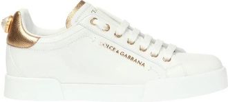 Dolce & Gabbana Witte leren sneakers met gouden en witte logo-applicaties - Dames - Sneakers - Wit - 41 EU - Schoenen