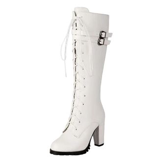 Generic Ladies Designer Knee High Boots Round Toe Super High Block Heel Platform With Zipper Lace-Up And Belt Details