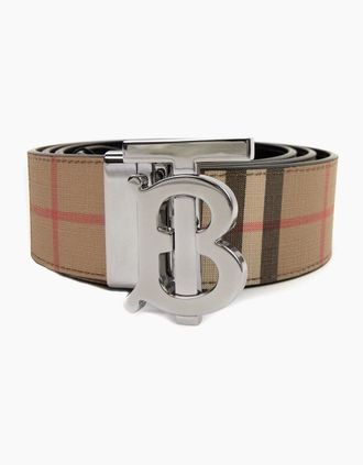 Burberry Mens Burberry Check and Leather Reversible Wide TB Belt - Tan - Size: 105