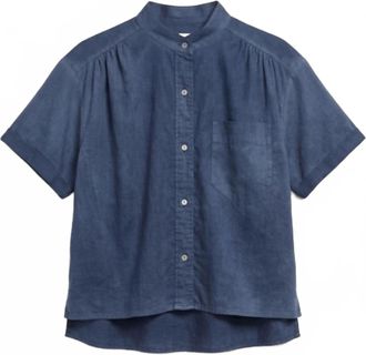Cali Dreaming Womens Louella Rolled Sleeve & Button Front Collarless Shirt In Navy Sea Kissed